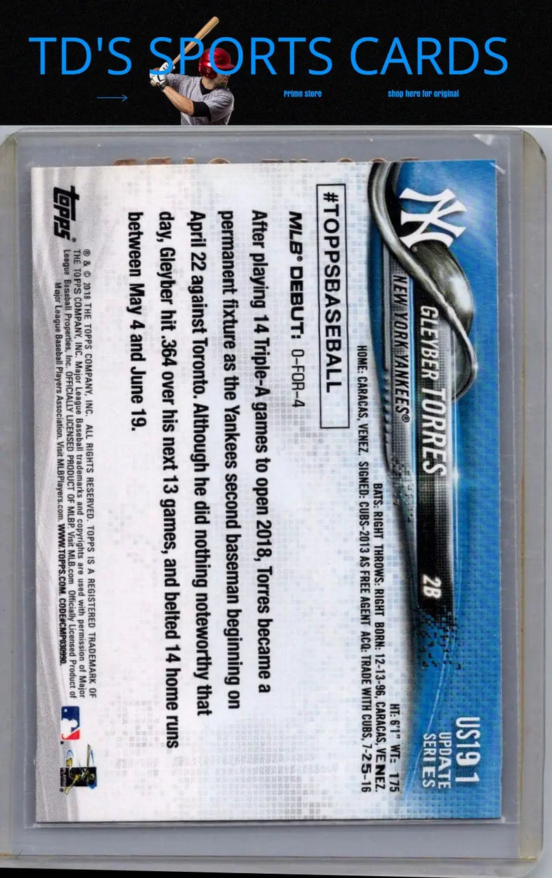Gleyber Torres baseball card from 2018 Topps Update US191 Gleyber Torres product