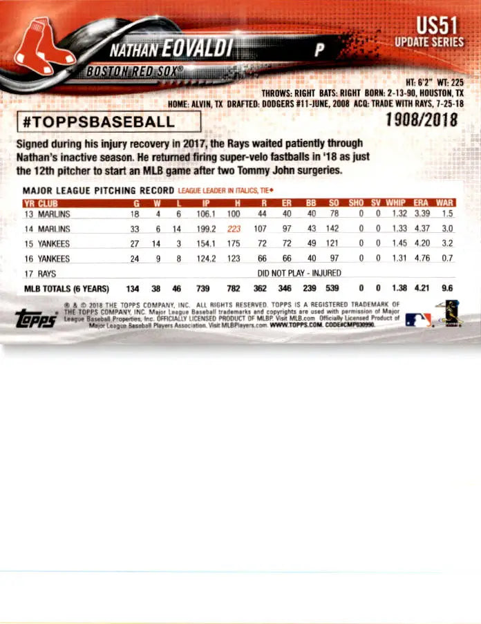 2018 Topps Update #US51 Nathan Eovaldi Gold #/2018 - Baseball Card Single