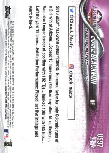 Original gloss 2018 Topps Update US97 Charlie Blackmon Rockies baseball card image