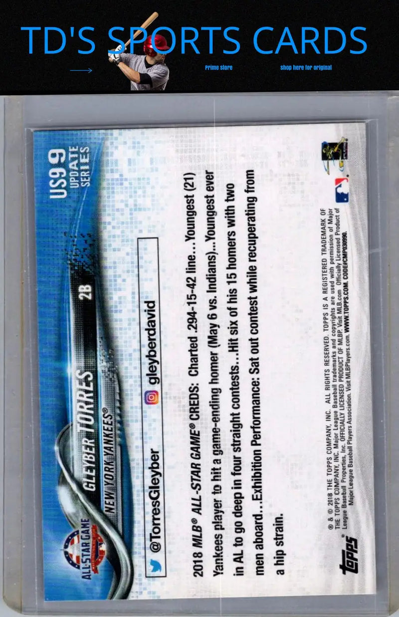 Gleyber Torres baseball card from 2018 Topps Update US99 Gleyber Torres RC