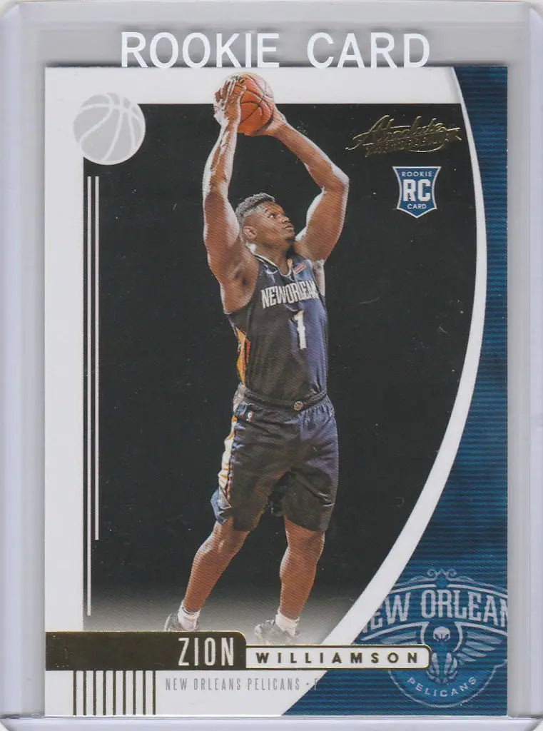 Basketball rookie card of Zion Williamson in New Orleans Pelicans uniform shooting ball