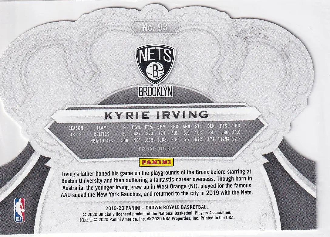 2019-20 CROWN ROYAL #93 KYRIE IRVING DIE CUT- BROOKLYN NETS