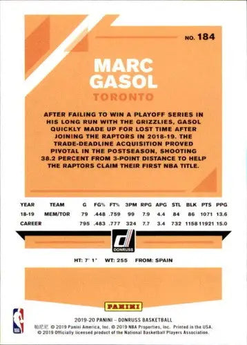 Original gloss of Marc Gasol basketball card 2019-20 Donruss NM-MT Raptors