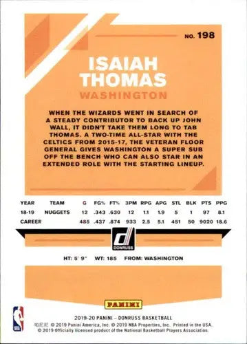 2019-20 Donruss Isaiah Thomas basketball card with stats and original gloss Simply Sandoval