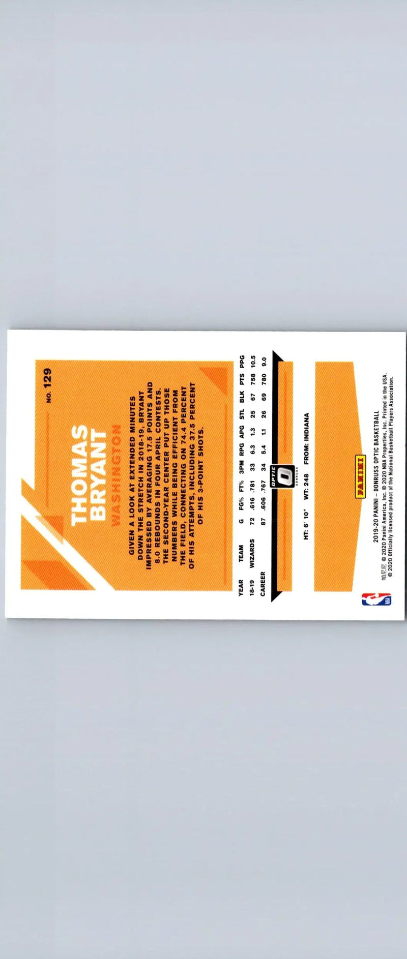 Orange and white basketball trading card of Thomas Bryant from Donruss Optic 2019-20