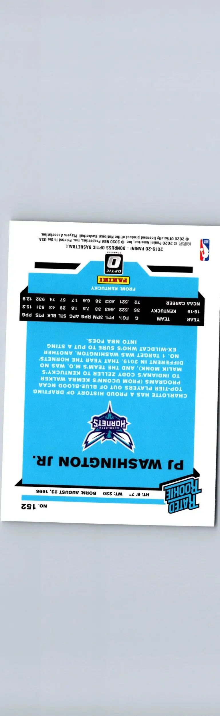 Back of a PJ Washington Jr Donruss Optic NBA trading card from 2019-20 season