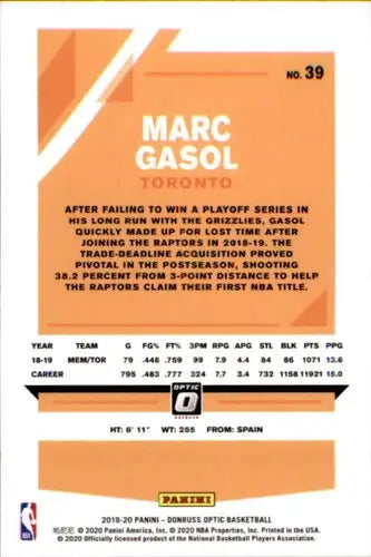 2019-20 Donruss Optic #39 Marc Gasol NM-MT Raptors - Basketball Card Single