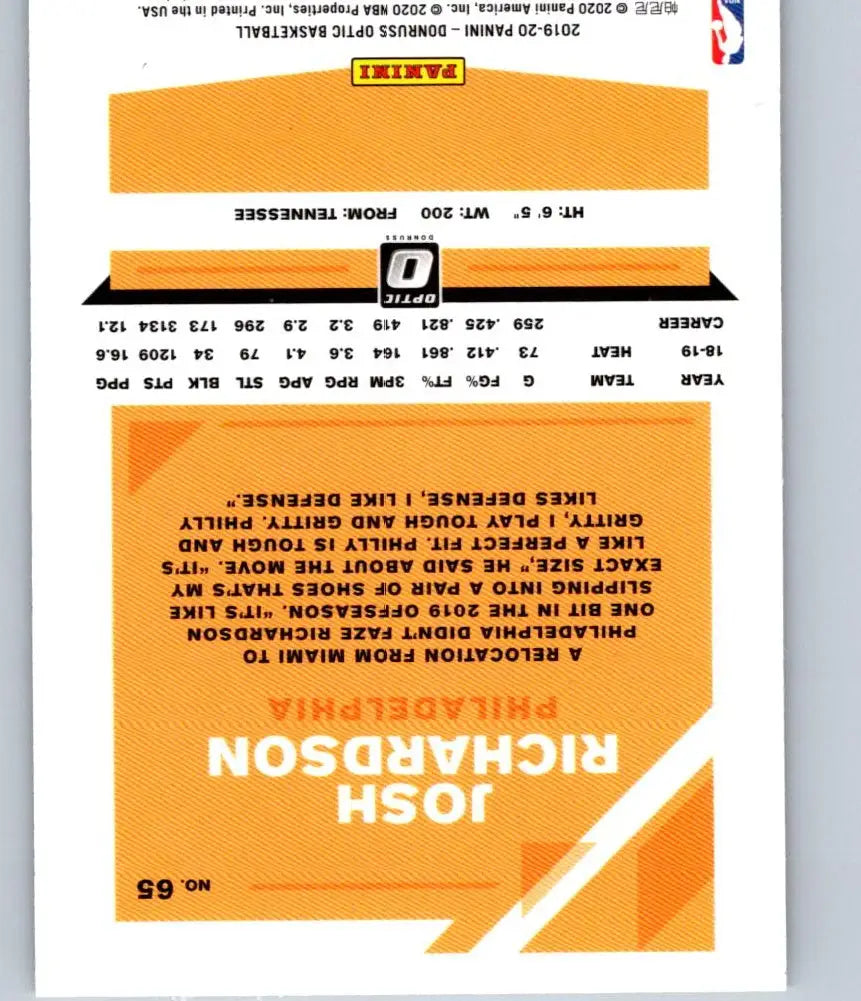 Back of a Josh Richardson Donruss Optic basketball trading card 2019-20