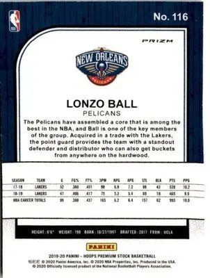 2019-20 Hoops Premium Stock #116 Lonzo Ball Prizms Silver Laser - Basketball Card Single