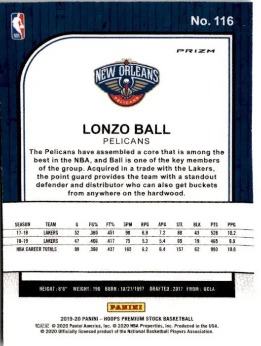 2019-20 Hoops Premium Stock #116 Lonzo Ball Prizms Silver Laser - Basketball Card Single