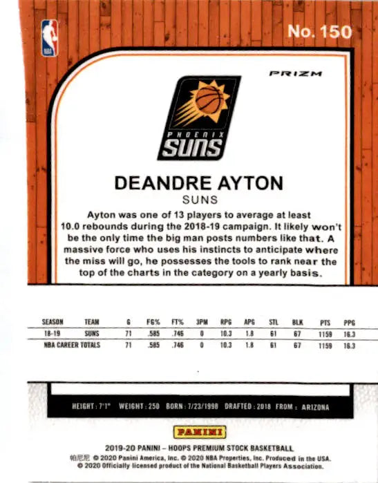 2019-20 Hoops Premium Stock #150 Deandre Ayton Prizms Silver - Basketball Card Single