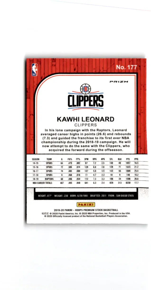 2019-20 Hoops Premium Stock #177 Kawhi Leonard Prizms Silver Laser - Basketball Card Single