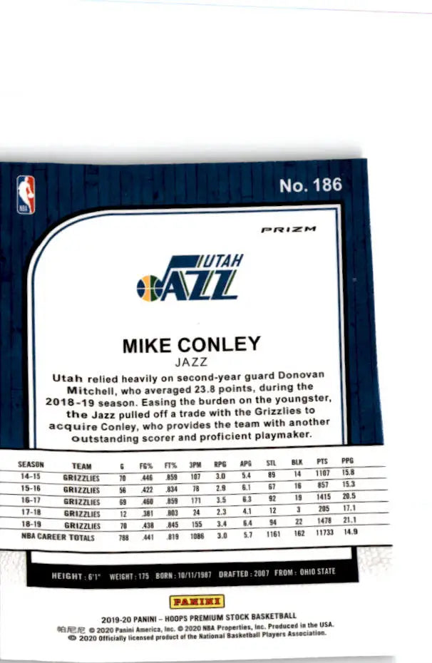 2019-20 Hoops Premium Stock #186 Mike Conley Prizms Silver Laser - Basketball Card Single