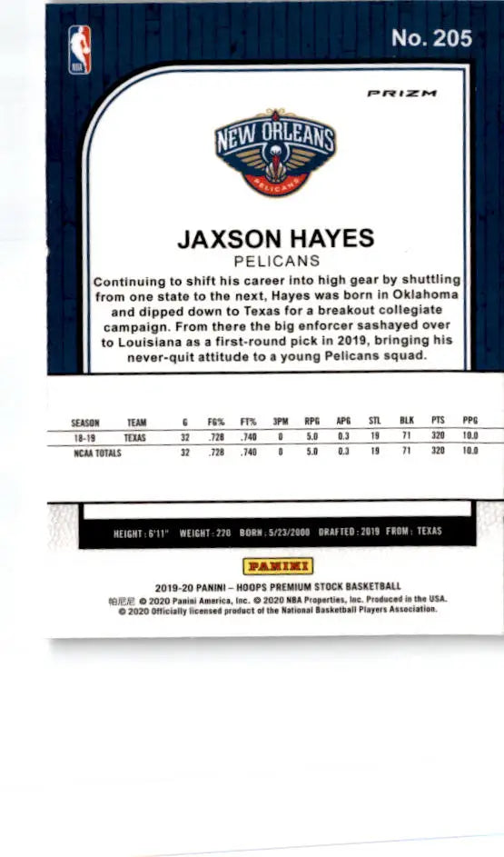 2019-20 Hoops Premium Stock #205 Jaxson Hayes Prizms Purple Disco - Basketball Card Single