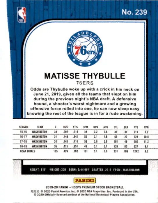 2019-20 Hoops Premium Stock #239 Matisse Thybulle - Basketball Card Single