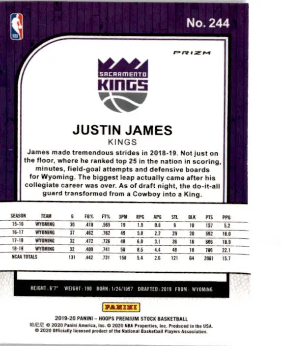 2019-20 Hoops Premium Stock #244 Justin James Prizms Silver Laser - Basketball Card Single