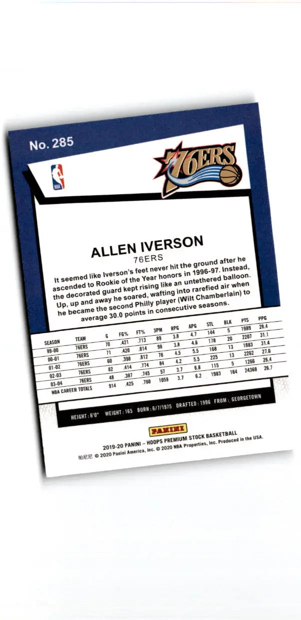 2019-20 Hoops Premium Stock #285 Allen Iverson - Basketball Card Single