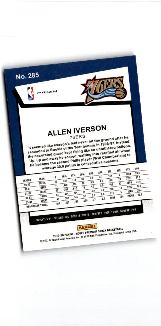 2019-20 Hoops Premium Stock #285 Allen Iverson Prizms Silver Laser - Basketball Card Single