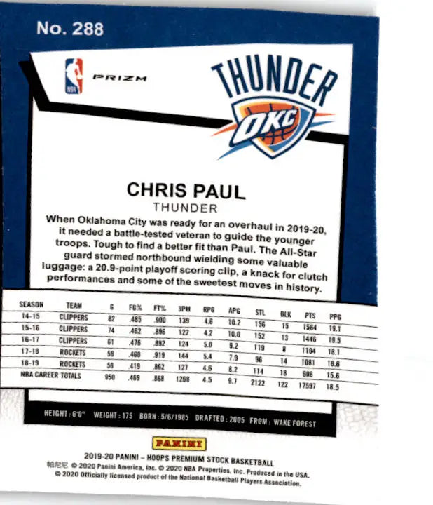 2019-20 Hoops Premium Stock #288 Chris Paul Prizms Silver Laser - Basketball Card Single