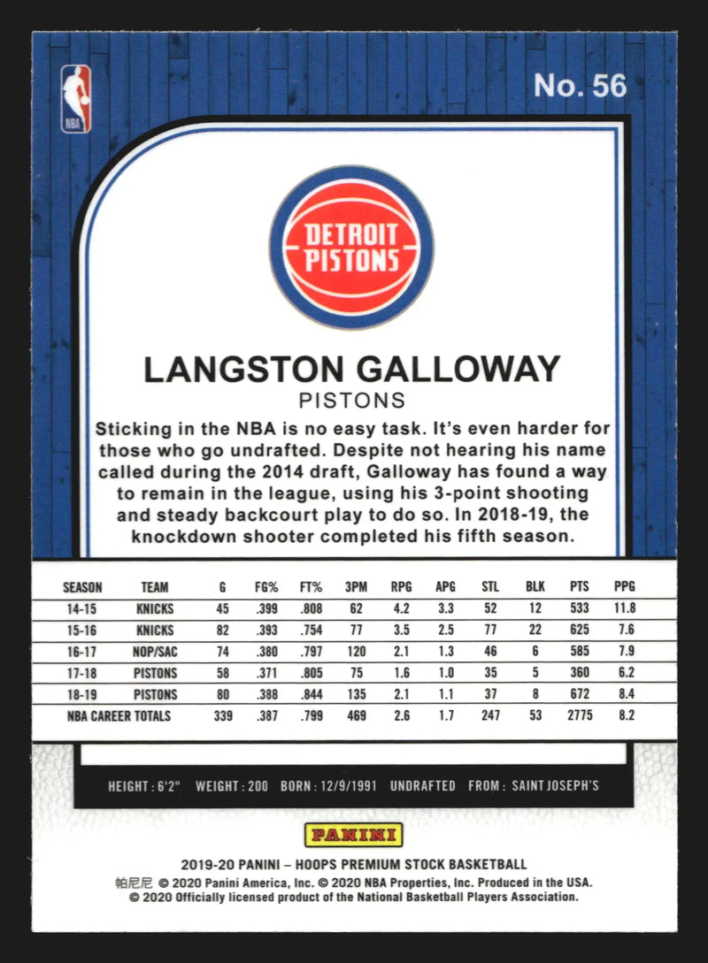 2019-20 Hoops Premium Stock Langston Galloway #56 Detroit Pistons