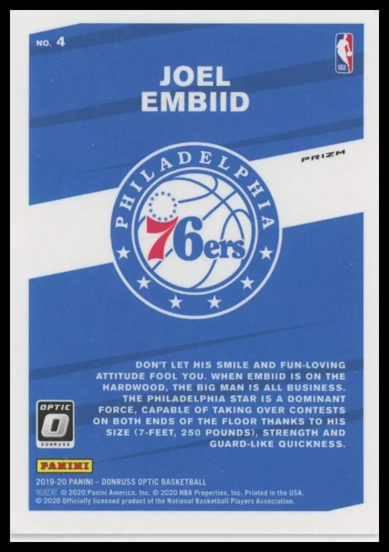 2019-20 Panini Donruss Optic Holo Joel Embiid #4 Philadelphia 76ers Basketball