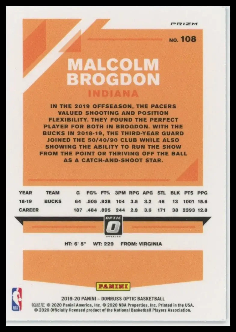 2019-20 Panini Donruss Optic - Malcolm Brogdon #108 Purple Prizm