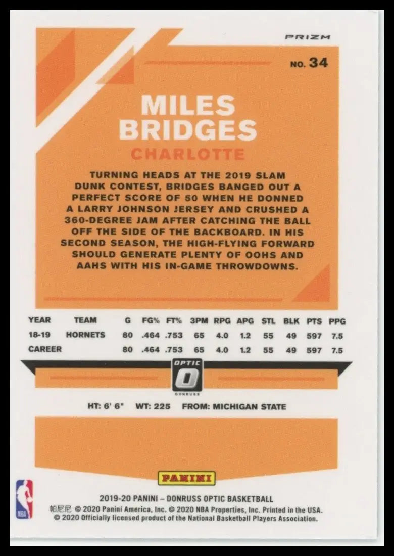 2019-20 Panini Donruss Optic - Miles Bridges #34 Holo Prizm