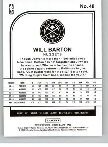 2019-20 Panini Hoops #48 Will Barton NM-MT Nuggets ID:48909 - Basketball Card Single