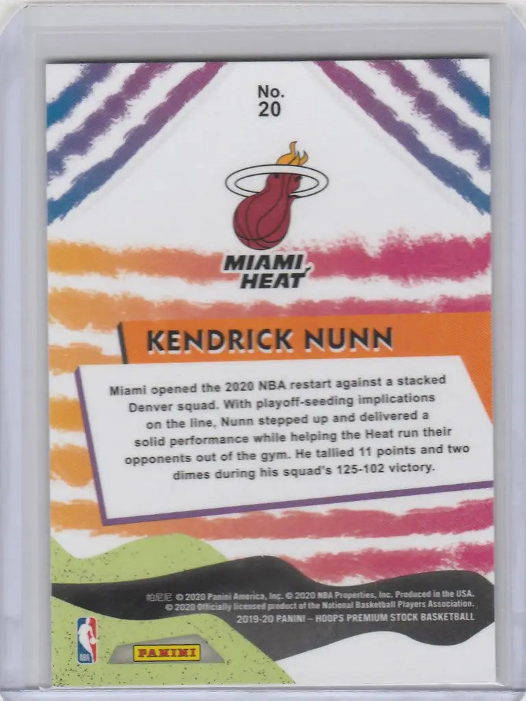 Kendrick Nunn Heat trading card from 2019-20 Panini Hoops Premium Stock collection