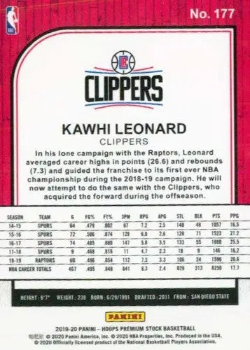 2019-20 Panini Hoops Premium Stock Retail #177 Kawhi Leonard NM-MT Clip ID:48918 - Basketball Card Single