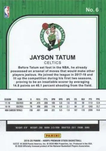 2019-20 Panini Hoops Premium Stock Retail #6 Jayson Tatum NM-MT Celtics ID:48920 - Basketball Card Single