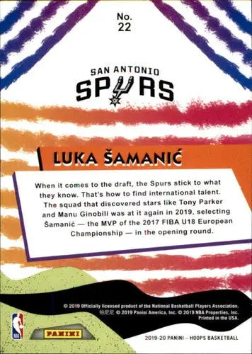 2019-20 Panini Hoops We Got Next #22 Luka Samanic NM-MT Spurs ID:48907 - Basketball Card Single