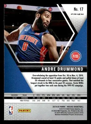 2019-20 Panini Mosaic #17 Andre Drummond Silver Prizm Detroit Pistons - Basketball Card Single