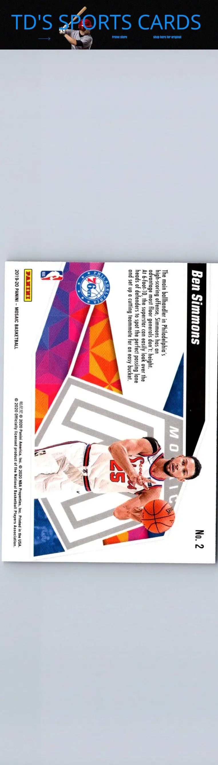 Ben Simmons trading card from 2019-20 Panini Mosaic Give and Go series