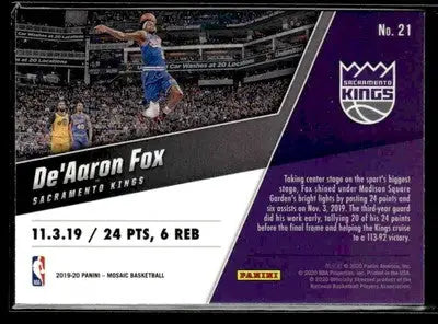 2019-20 Panini Mosaic #21 De’Aaron Fox Montage Sacramento Kings - Basketball Card Single