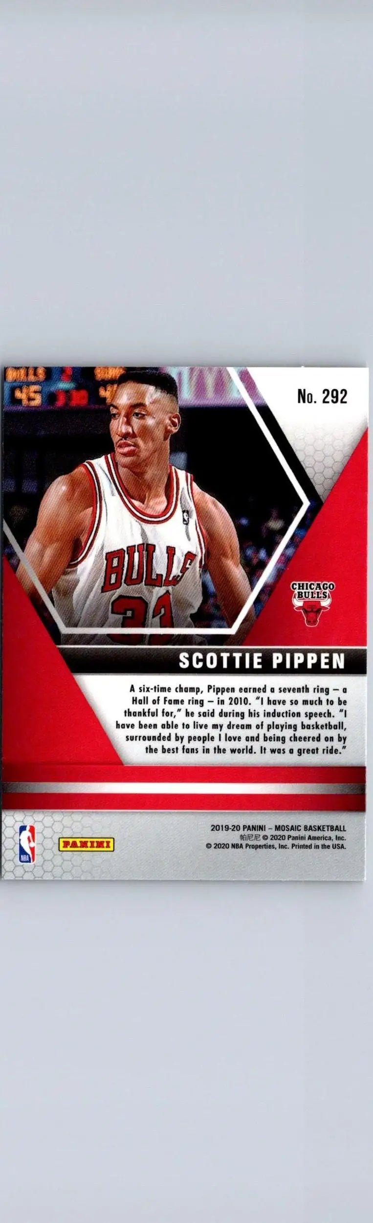 Scottie Pippen Fast Break Silver card from 2019-20 Panini Mosaic #292 showing Pippen action