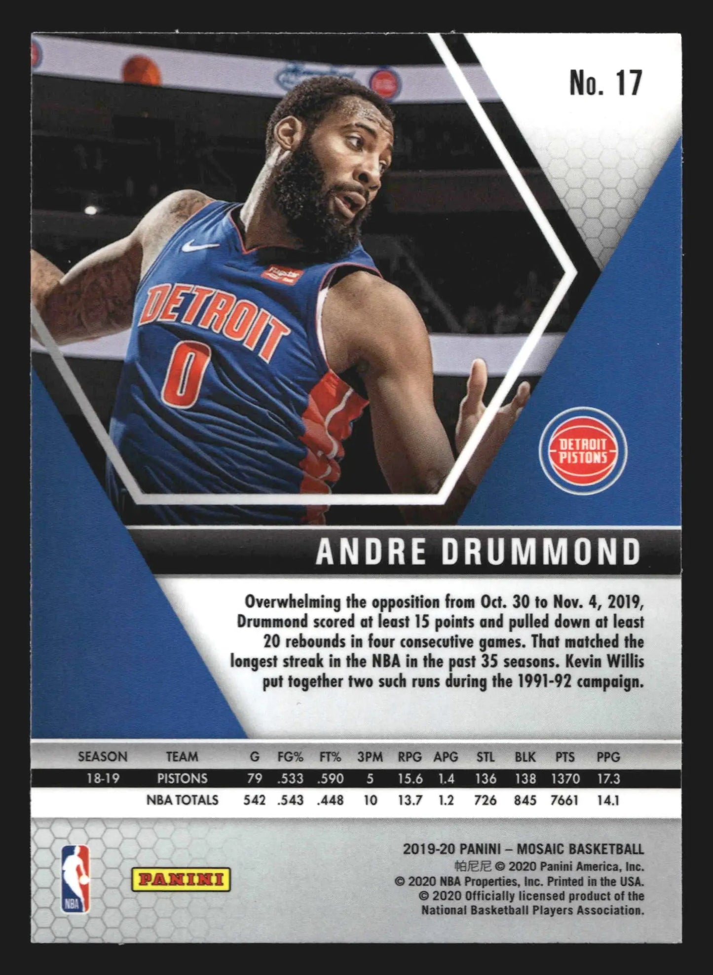 2019-20 Panini Mosaic Andre Drummond #17 Detroit Pistons