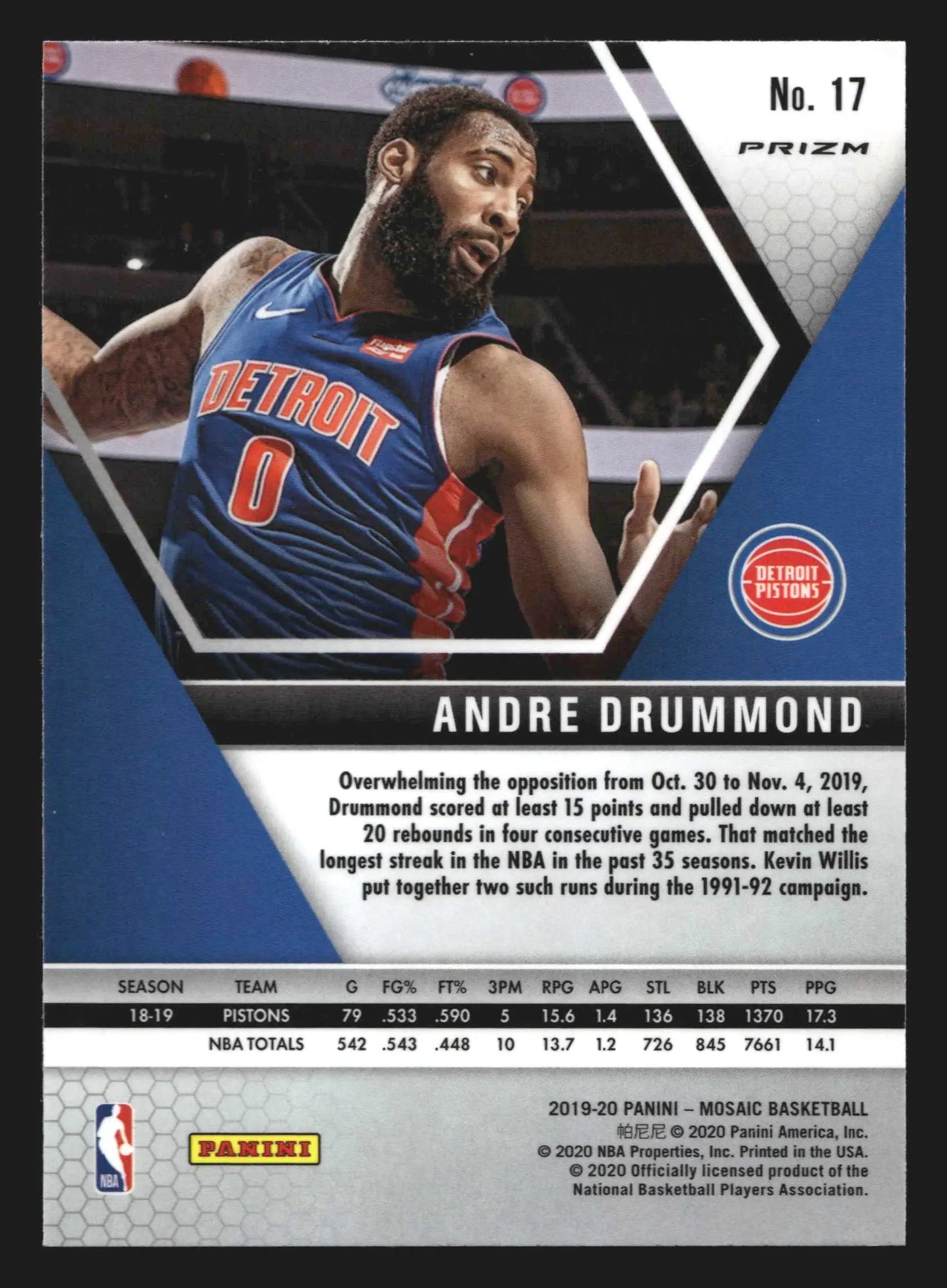 2019-20 Panini Mosaic Andre Drummond #17 Silver Prizm Detroit Pistons