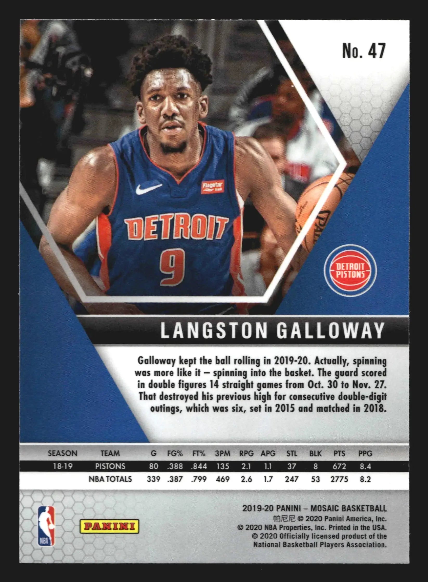 2019-20 Panini Mosaic Langston Galloway #47 Detroit Pistons