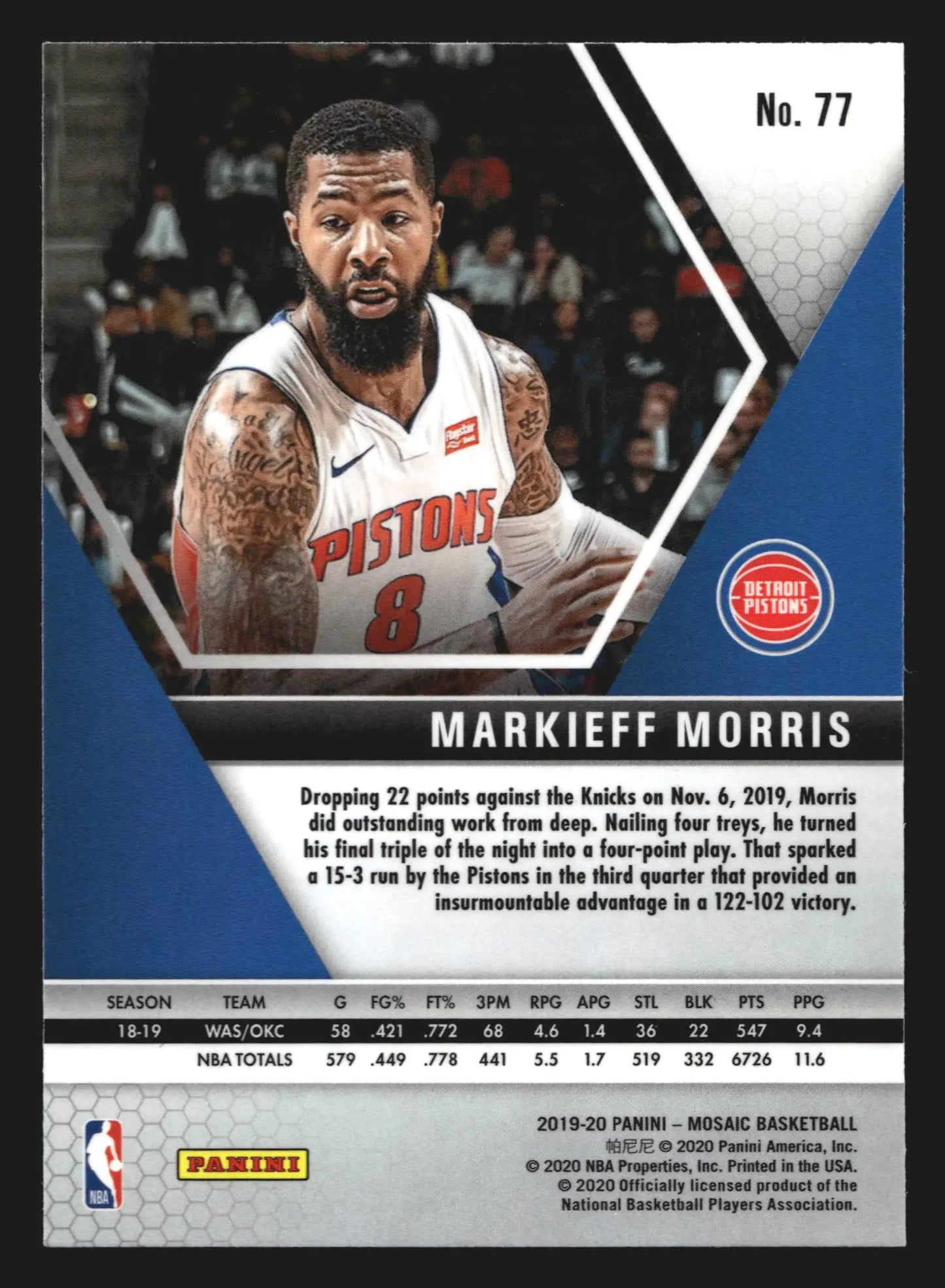 2019-20 Panini Mosaic Markieff Morris #77 Detroit Pistons
