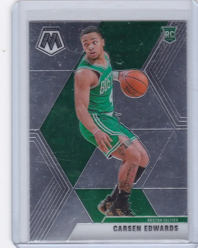 Basketball trading card of Carsen Edwards in Boston Celtics uniform dribbling ball