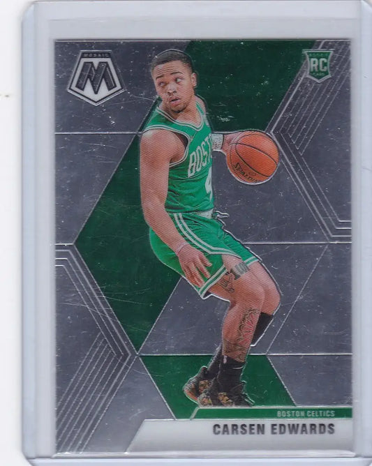 Basketball trading card of Carsen Edwards in Boston Celtics uniform dribbling ball