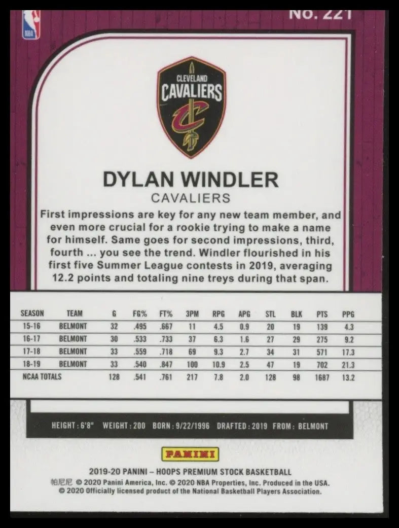 2019-20 Panini NBA Hoops Premium Stock Dylan Windler #221 Rookie Cavaliers NBA - Basketball Card Single