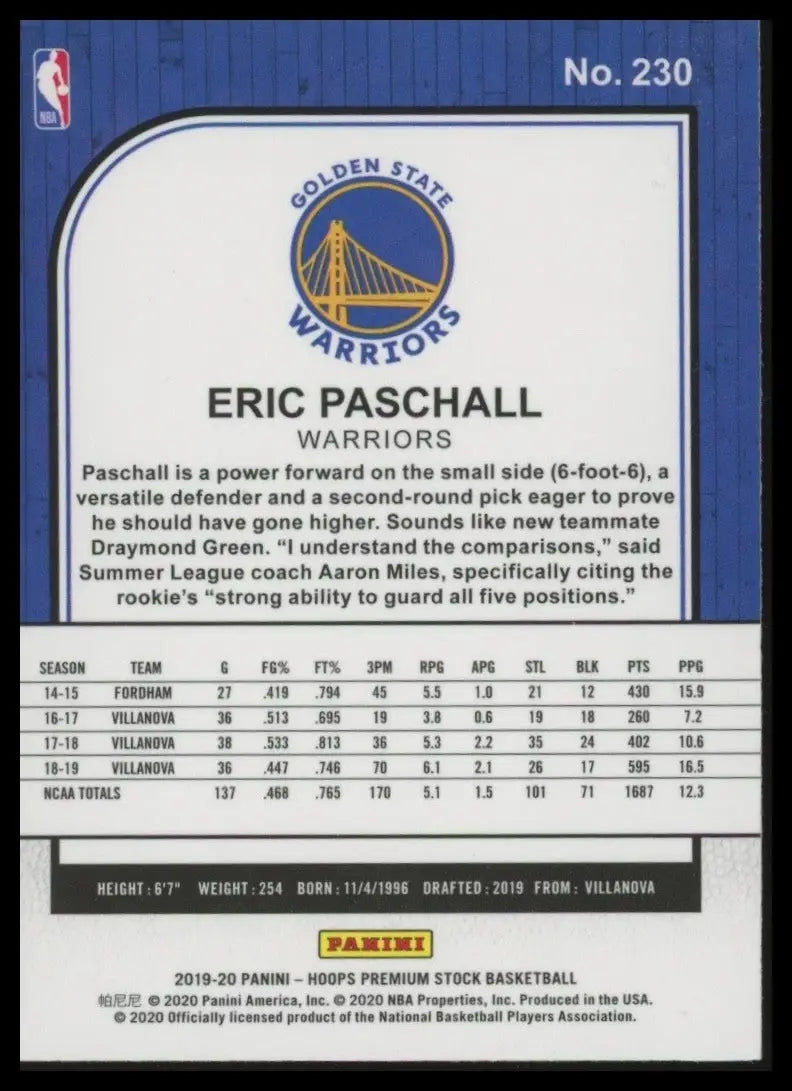 2019-20 Panini NBA Hoops Premium Stock Eric Paschall #230 Rookie GS Warriors NBA - Basketball Card Single