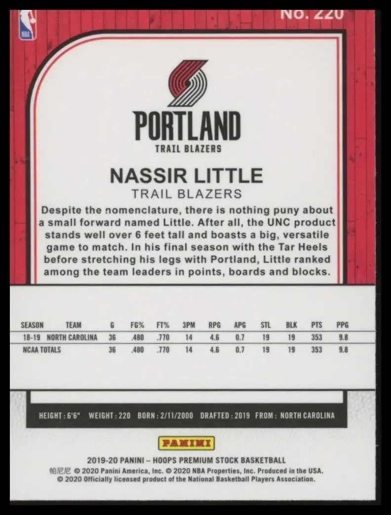 2019-20 Panini NBA Hoops Premium Stock Nassir Little #220 Rookie Portland TB NBA - Basketball Card Single