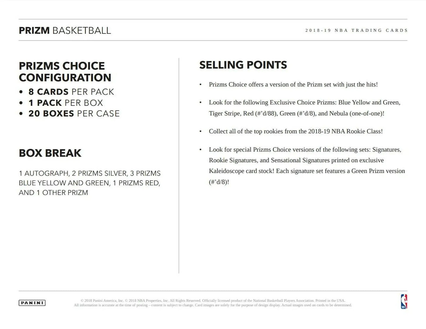 Product sheet with configurations and selling points for 2018-19 Panini Prizm Choice Basketball cards featuring Zion Williamson