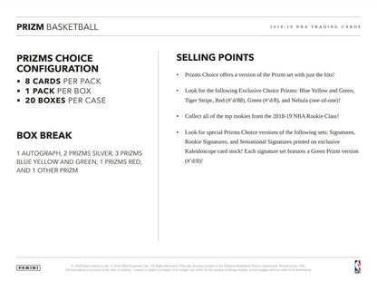 Product sheet with configurations and selling points for 2018-19 Panini Prizm Choice Basketball cards featuring Zion Williamson