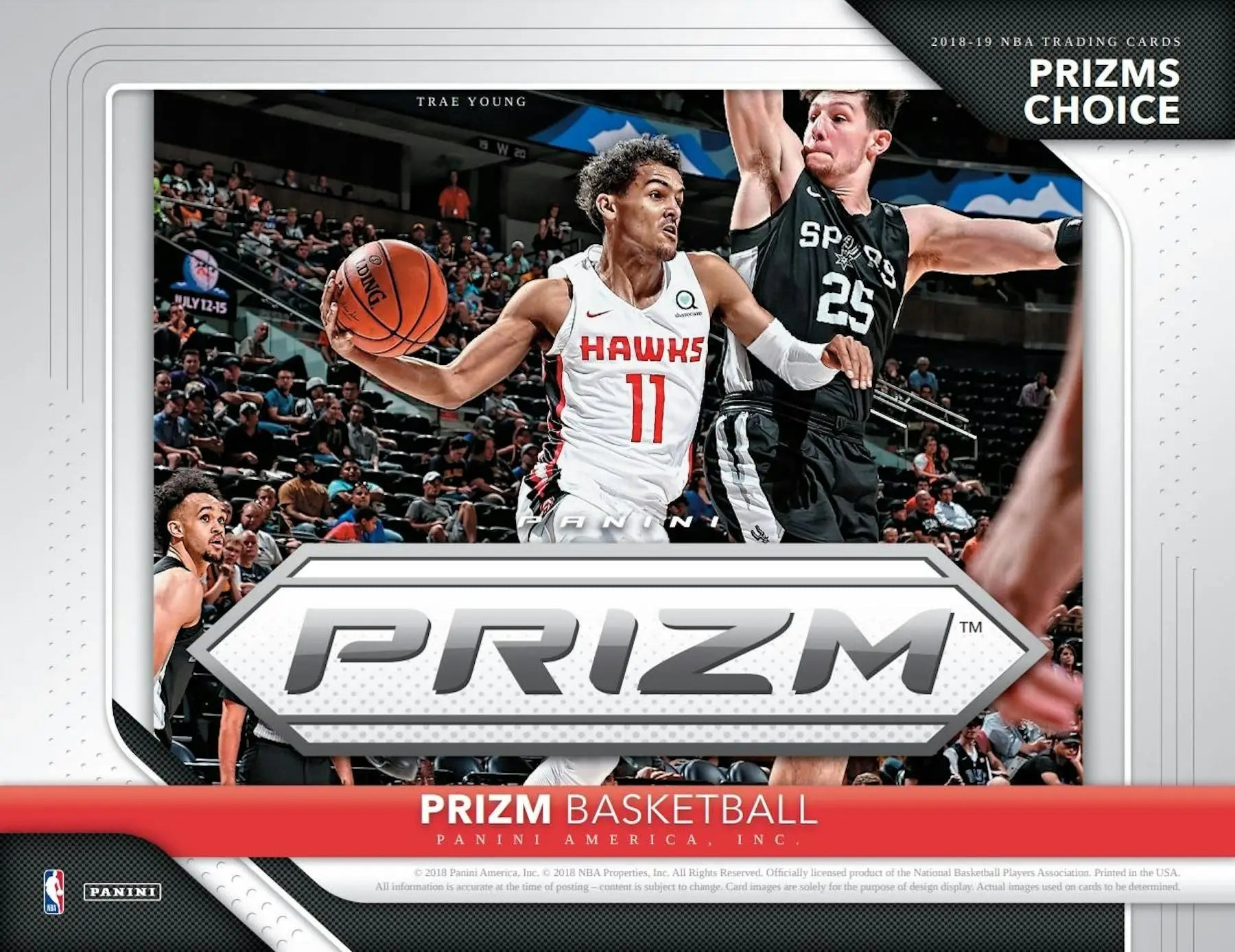 NBA trading card from 2018-19 Panini Prizm Choice Basketball featuring Trae Young and Spurs player