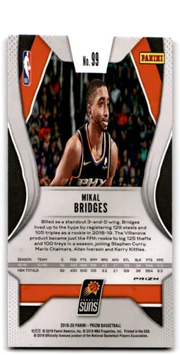 Back of Mikal Bridges Panini Prizm Prizms Pink Ice trading card in original gloss