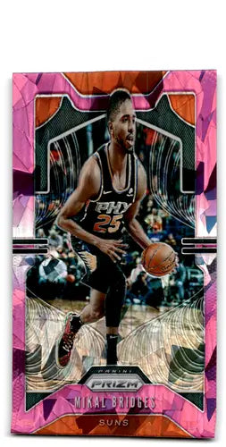 Mikal Bridges basketball trading card with original gloss and pink geometric design from Panini Prizm Prizms Pink Ice